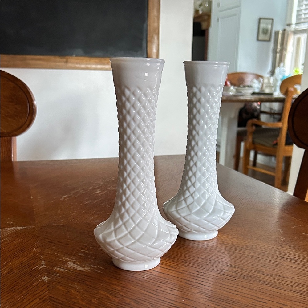 White Diamond-Pattern Milk Glass Bud Vases - Set of 2